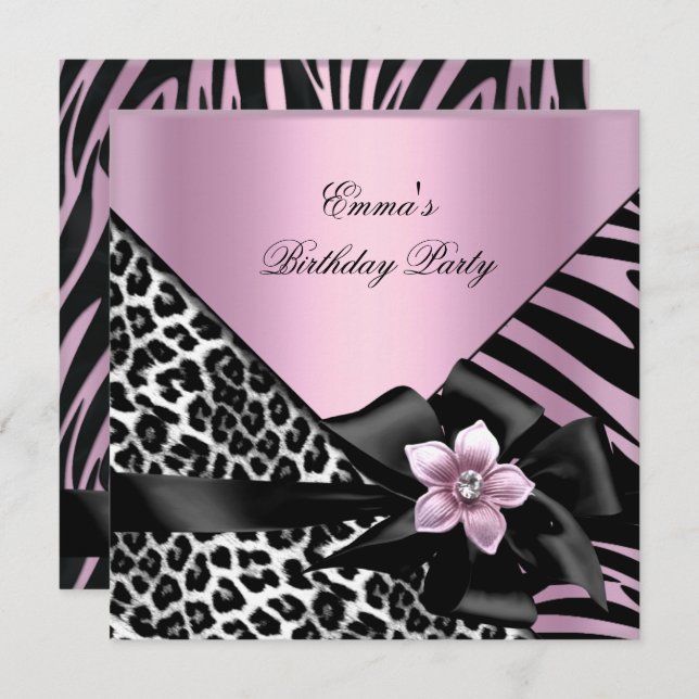 Pink Birthday Party Zebra Leopard Elegant Invitation (Front/Back)