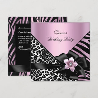 Pink Birthday Party Zebra Leopard Elegant Invitation
