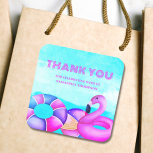 Pink Birthday Pool Party Thank You  Square Sticker