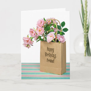Pink Birthday Roses in bag for Friend Card