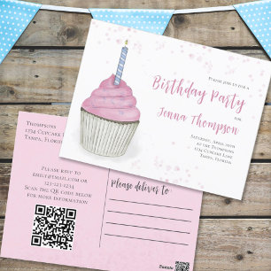 Pink Birthday Whimsical Cute Cupcake QR Code Postcard