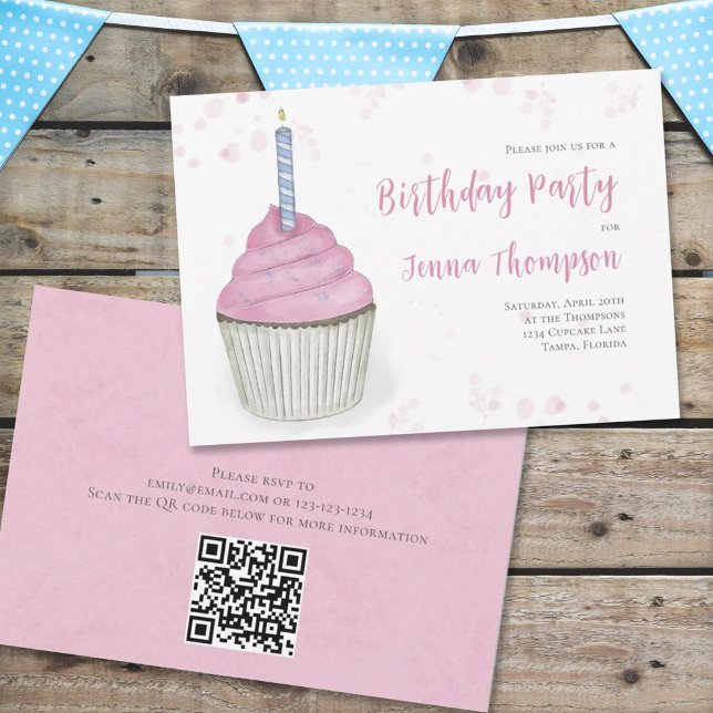 Pink Birthday Whimsical Cute Cupcake Simple Invitation (Creator Uploaded)