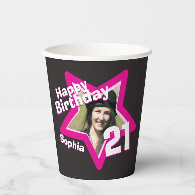 Pink black 21st birthday photo personalised paper cups (Front)