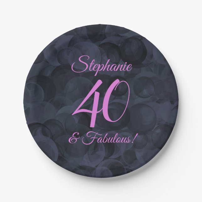 Pink Black 40 and Fabulous Birthday Party Paper Plate (Front)