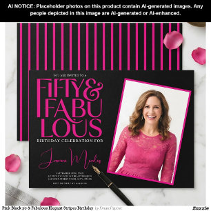 Pink Black 50 & Fabulous Elegant Stripes Birthday Invitation