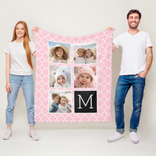 Pink & Black - 5 Photo Collage Monogram Fleece Blanket