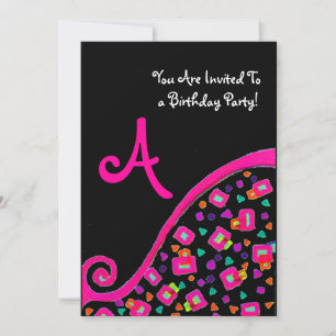PINK BLACK ABSTRACT DECO BIRTHDAY PARTY MONOGRAM INVITATION