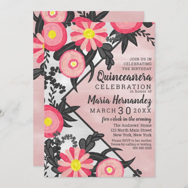 Pink Black Acrylic Floral Watercolor Quinceañera Invitation (Front/Back)