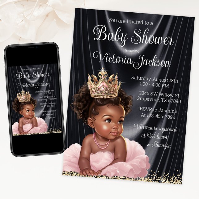 Pink Black African Princess Baby Shower  Invitation (African princess pink and gold tutu and crown. Instant download and print.)