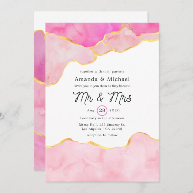 Pink, Black and Gold Agate Wedding Invitation (Front/Back)