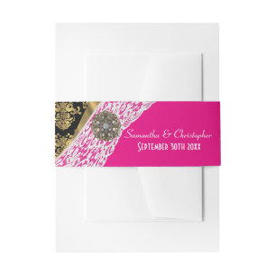 Pink black and gold damask white lace wedding invitation belly band