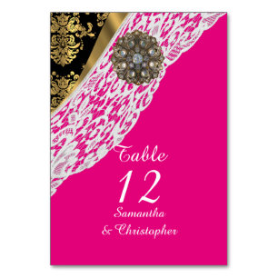 Pink black and gold damask white lace wedding table number