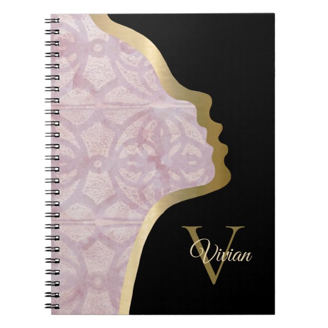 Pink Black And Gold Face Monogram Name Notebook (Front)