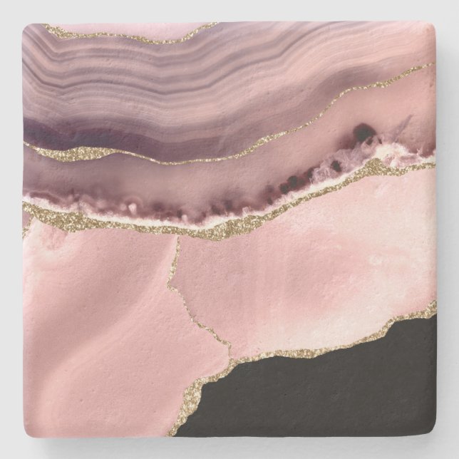 Pink, Black, and Gold Faux Agate Stone Coaster (Front)