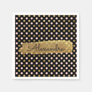Pink, Black and Gold Foil Polka Dot Name Napkin