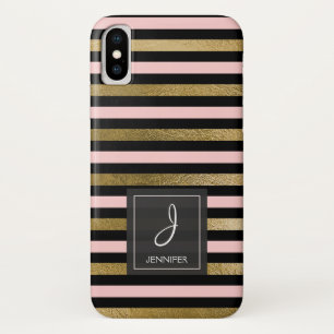 Pink, Black and Gold Foil Striped Monogram Case-Mate iPhone Case