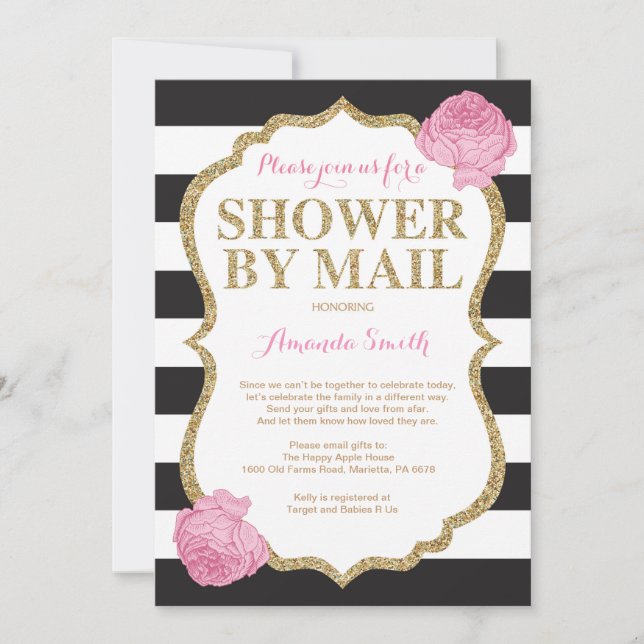 Pink Black and Gold Glitter Baby Shower by Mail Invitation (Front)