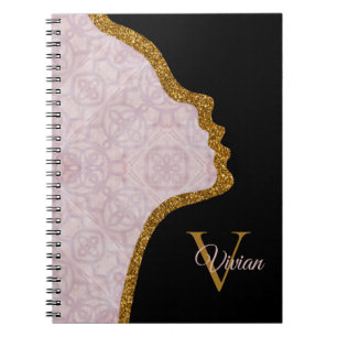 Pink Black And Gold Glitter Face Monogram Name Notebook