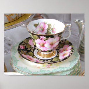 Pink, Black and Gold Vintage Floral Cup and Saucer Poster