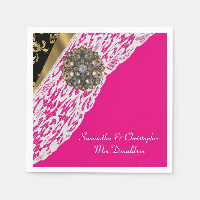 Pink black and gold white lace wedding napkin (Front)