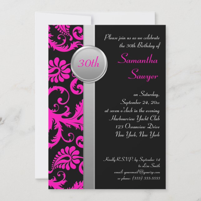 Pink, Black, and Silver 30th Birthday Invitation (Front)