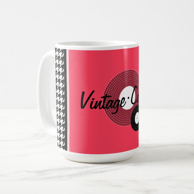 Pink, black and white 1950s theme coffee mug (Front Left)