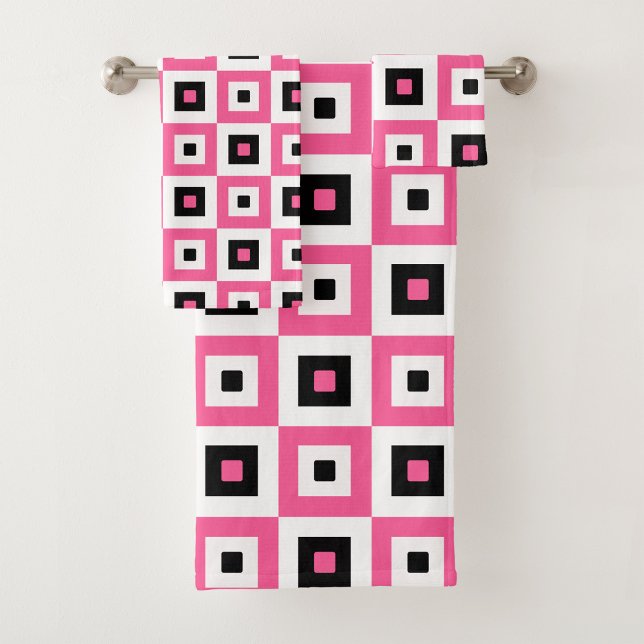 Pink Black and White Checkered Squares Pattern Bath Towel Set (Creator Uploaded)