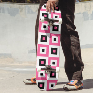 Pink Black and White Checkered Squares Pattern Skateboard