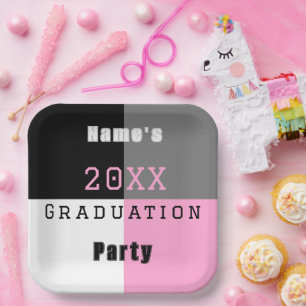Pink, black and white custom graduation party pa paper plate