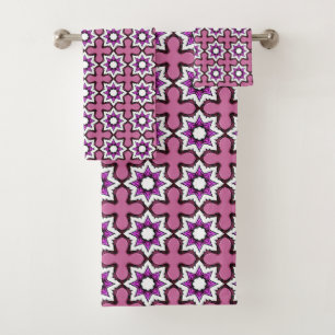 Pink, black and white geometric mandala bath towel set