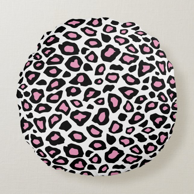 Pink, Black and White Jaguar Print Round Cushion (Front)
