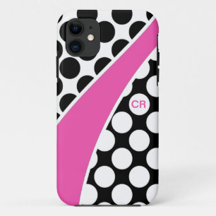 Pink Black and White Polka Dot Wave Monogram Case-Mate iPhone Case