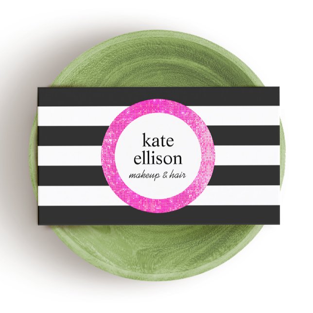 Pink   Black and White Striped Beauty Business Card (Creator Uploaded)