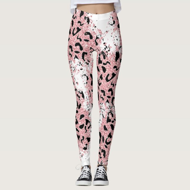 Pink & Black Animal Print on White Leggings (Front)