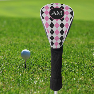 Pink Black Argyle Pattern Monogram Golf Head Cover