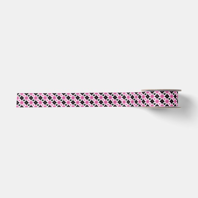 Pink & Black Argyle Paw Print Pattern Satin Ribbon (Front)