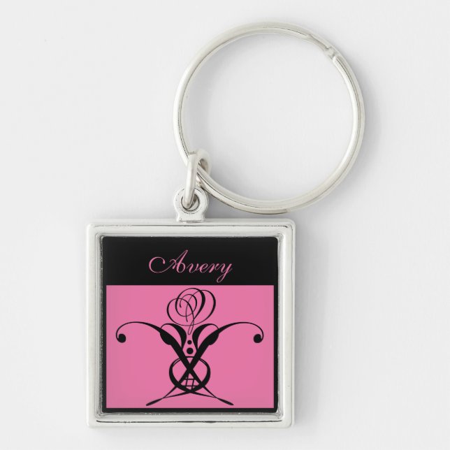 Pink Black Art Deco Rose Keychain (Front)