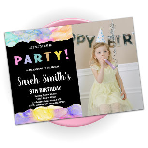 Pink Black Art in Party Paint Birthday With Photo Invitation