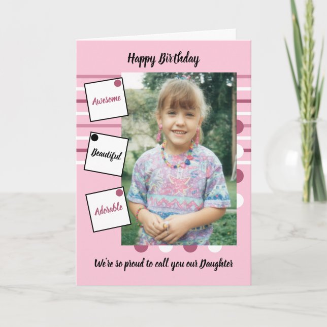Pink black awesome daughter photo birthday card (Front)