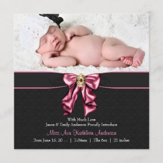 Pink Black Baby Girl Photo Birth Announcement