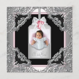 Pink Black Baby Girl Photo Birth Announcement