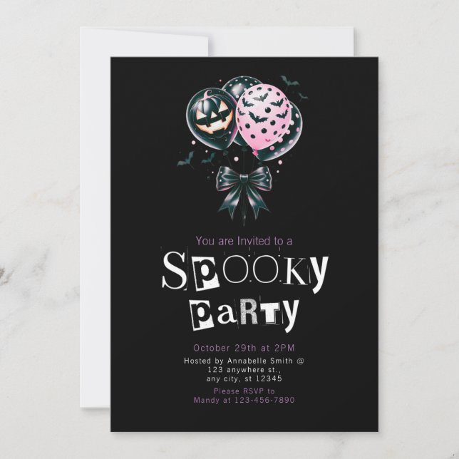 Pink Black Balloons Modern Minimalist Halloween Invitation (Front)