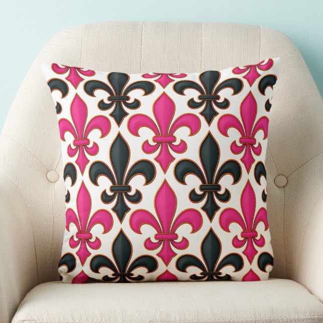 Pink Black Baroque Fleur-de-lis Pattern Design  Cushion (Creator Uploaded)