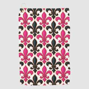 Pink Black Baroque Fleur-de-lis Pattern Design Golf Towel