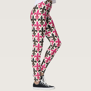 Pink Black Baroque Fleur-de-lis Pattern Design Leggings