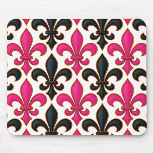 Pink Black Baroque Fleur-de-lis Pattern Design Mouse Pad