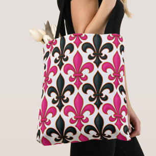 Pink Black Baroque Fleur-de-lis Pattern Design Tote Bag