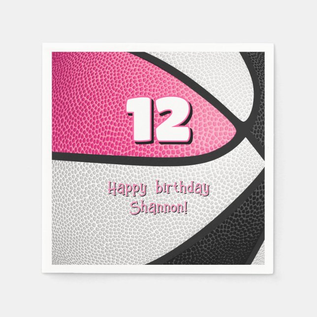 pink black basketball girls birthday sports party napkin (Front)