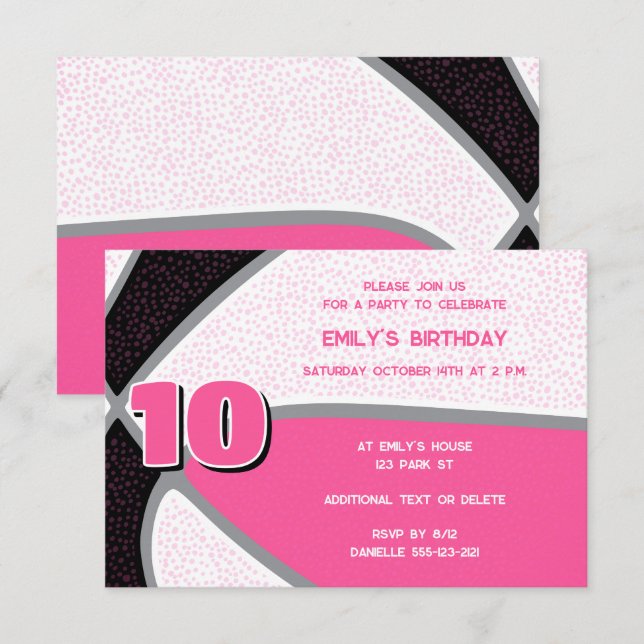 pink black basketball girls sports birthday invitation (Front/Back)