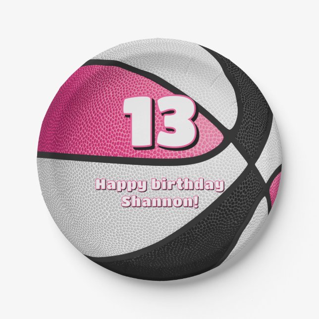 pink black basketball girls sports party paper plate (Front)